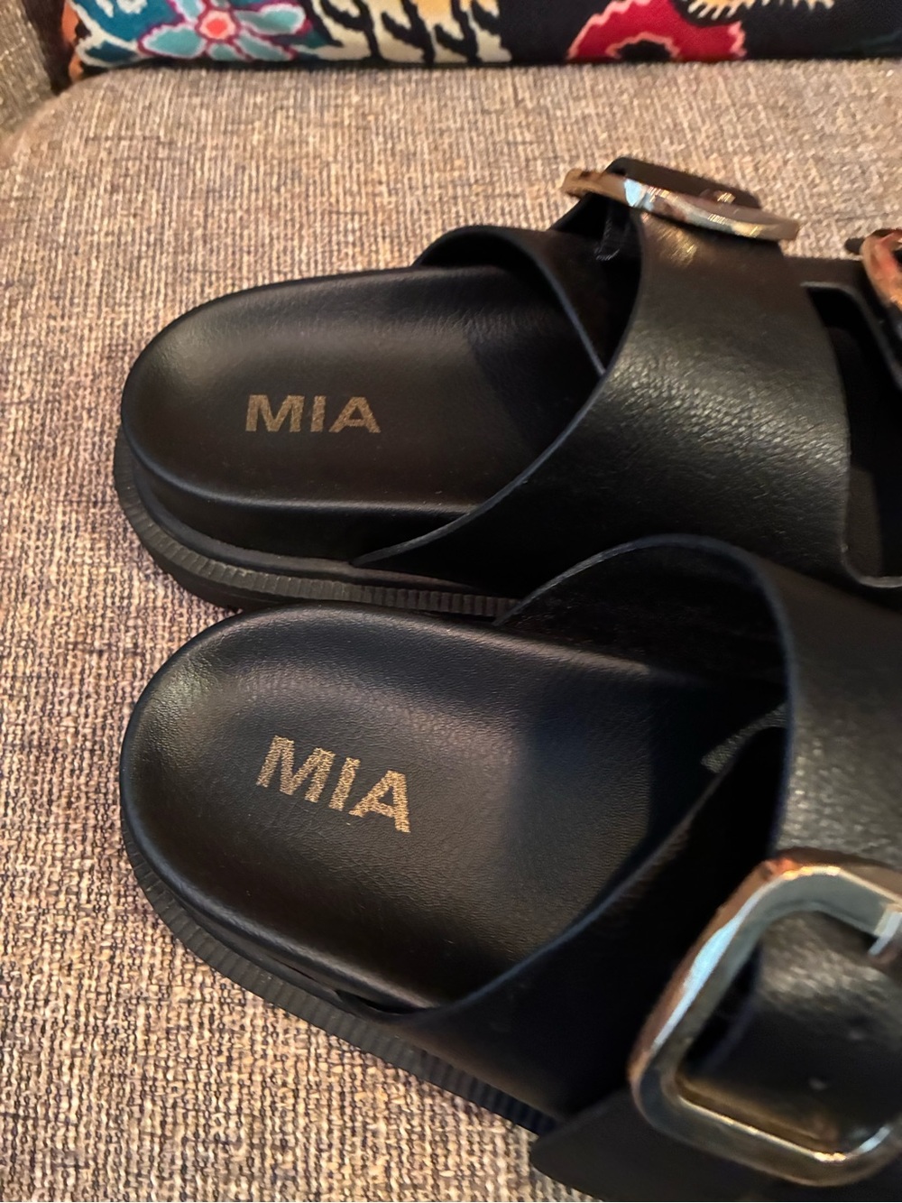 MIA Black Double-Buckle Slide Sandals with Gold Hardware - Picture 5 of 5